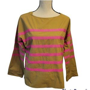 J Crew Womens Pomplin Top Shirt With Pink Ribbon Stripes 3/4 Sleeve Size Small